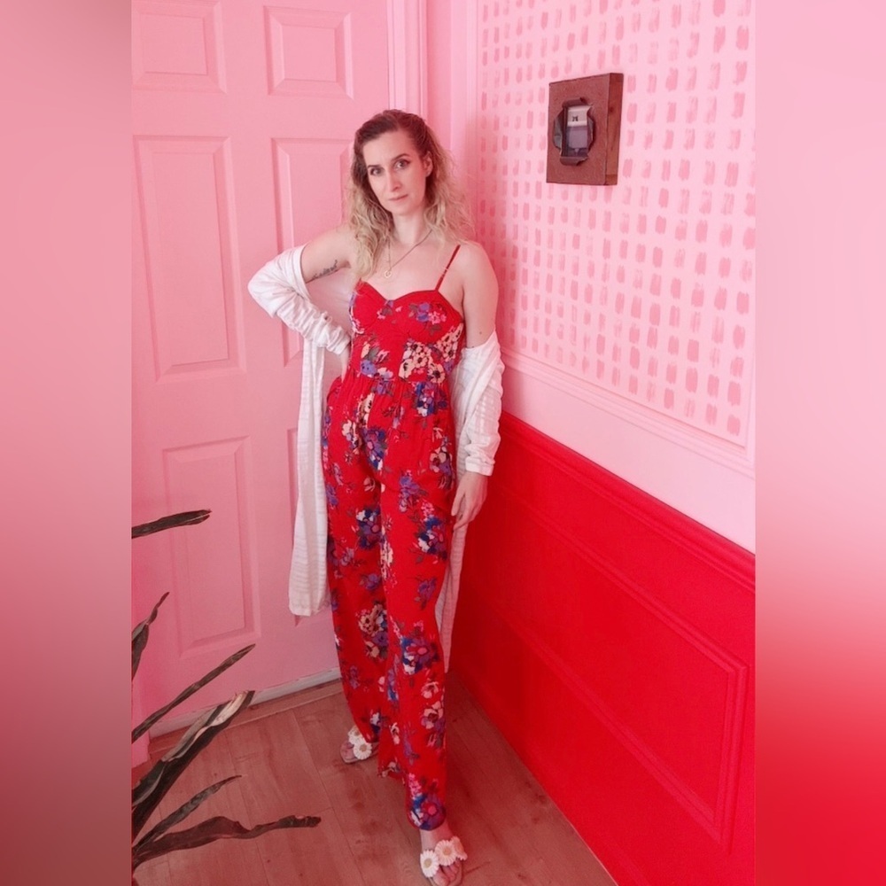 Red Floral Spaghetti Strap jumpsuit